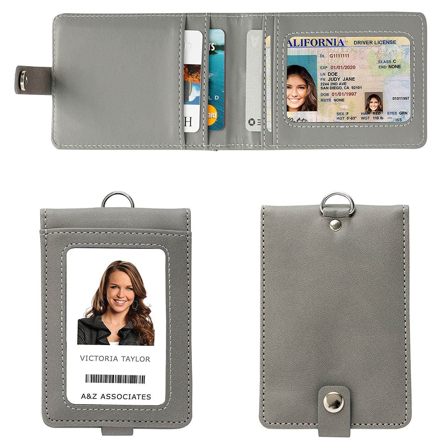 PU Leather Lanyard with Detachable Bifold Wallet with 2 ID Badge Holder Windows & 3 Card Pockets. Carabiner Keychain Flashlight with Key Ring. 17.5'' PU Leather Neck Strap. Gray Color.