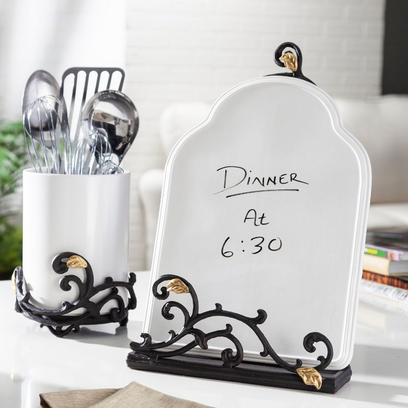 GG Collection 15-Inch Tall Gold Leaf Ceramic Message Board or Book Holder, White Stoneware and Metal Espresso Brown Vines with Golf Leaf Accents