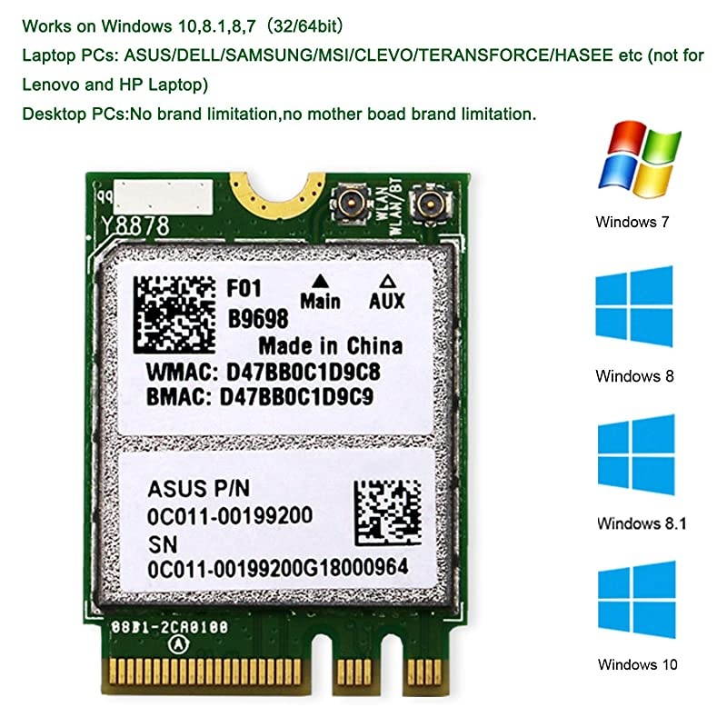 Dual Band Wireless AC 1200Mbps Network Adapter for Laptop or Desktop PCs-NGFF M2 Wi-Fi Card-M2 Bluetooth Wireless Adapter-Qualcomm Atheros QCA6174A Wireless Network Adapter-QCNFA364A