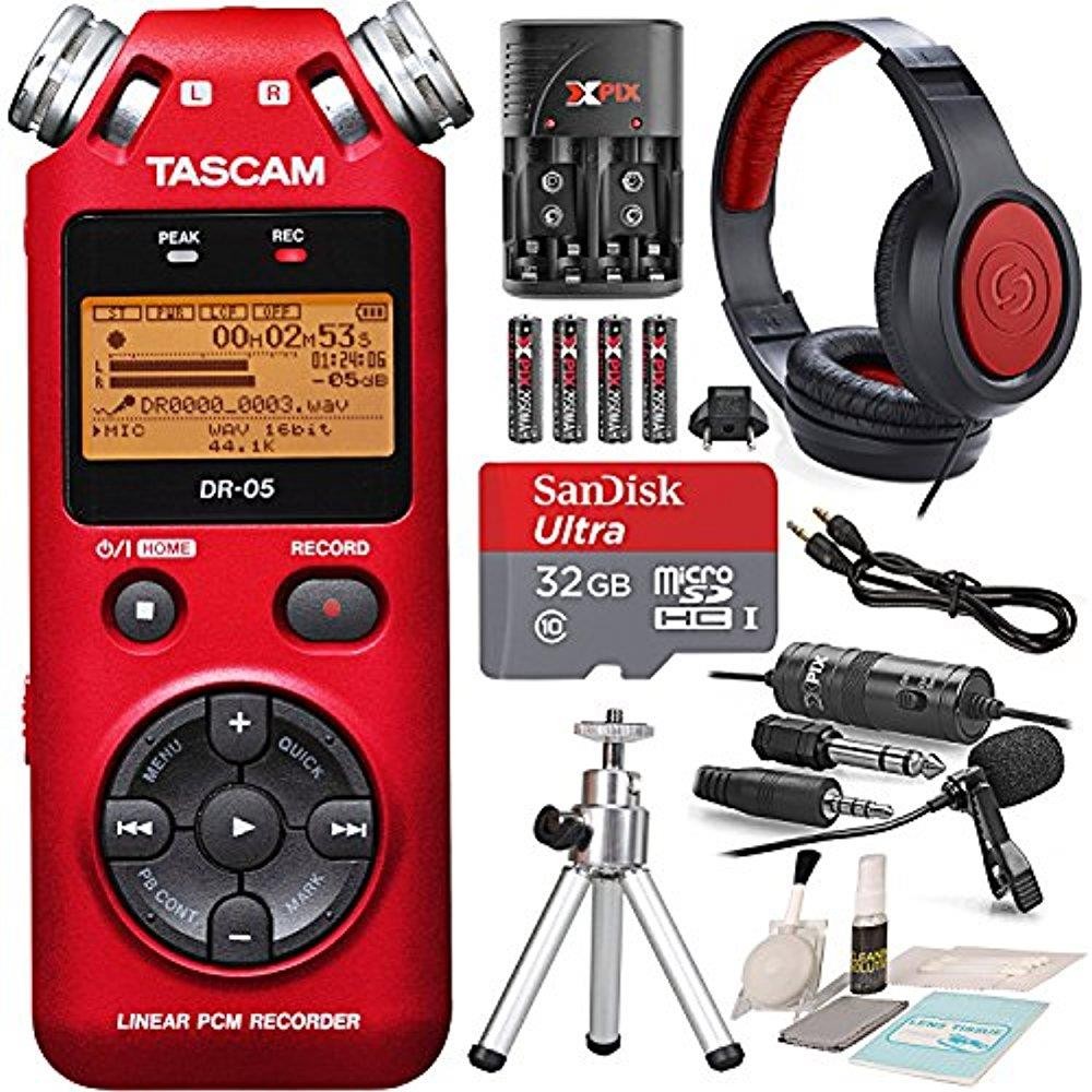 Tascam DR-05 (Version 2) Portable Handheld Digital Audio Recorder (Red) with Platnium accessory bundle