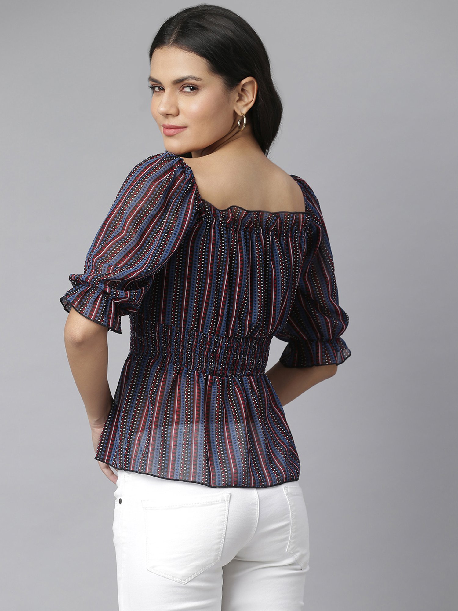 KASSUALLY Black & Blue Striped Peplum Top