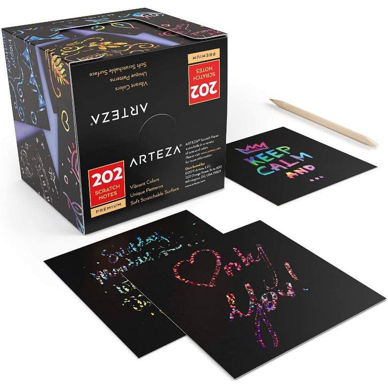 Arteza Scratch Paper Notes Art Supply Set- Rainbow & Holographic - 202 Piece (ARTZ-8714)