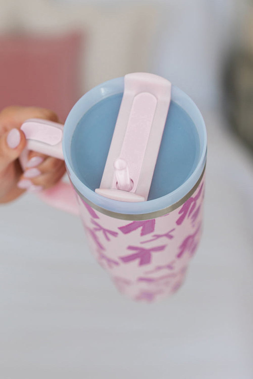 Pink Checkered Print Handled Stainless Steel Tumbler Cup