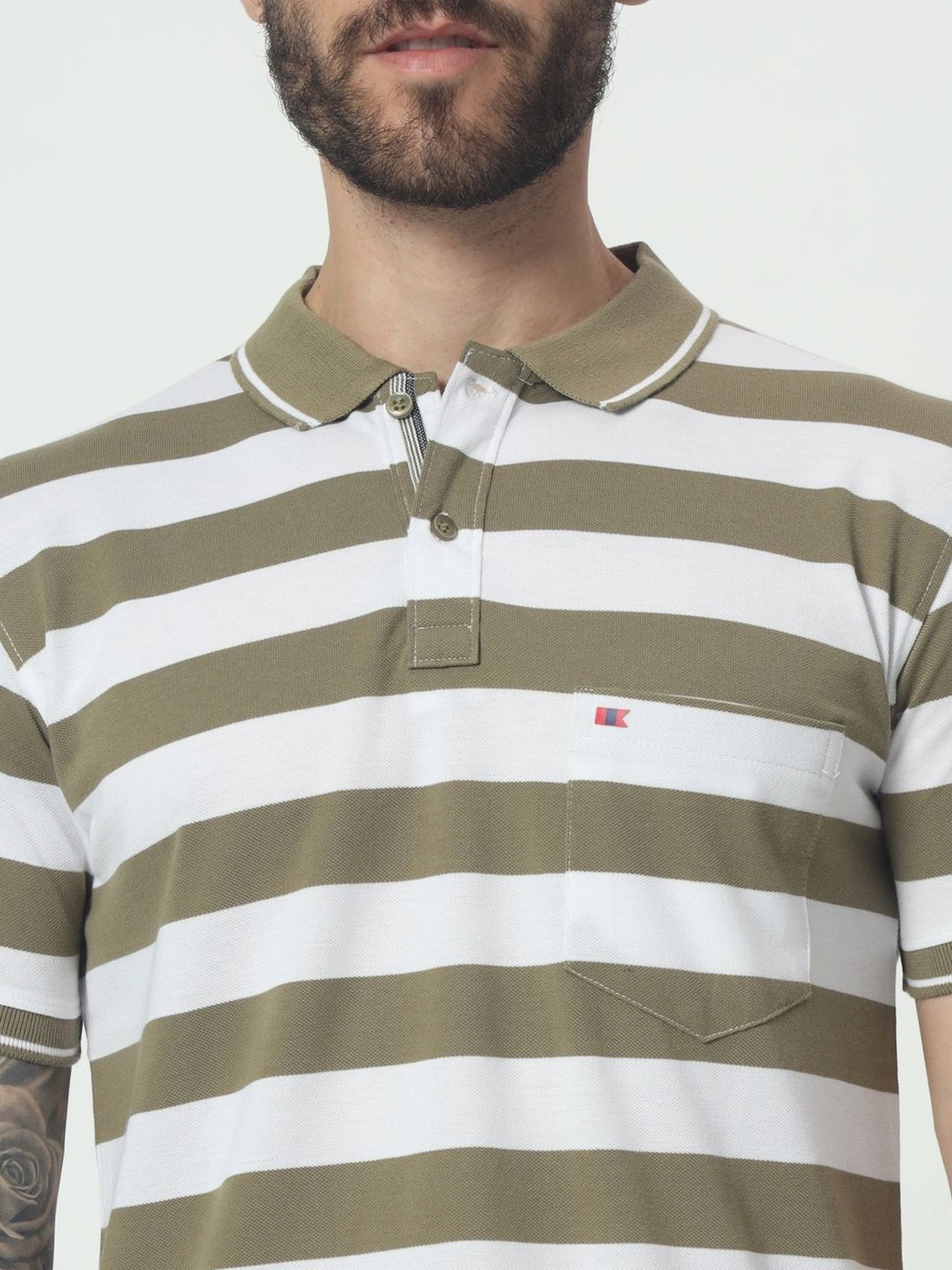 Tab91 Green Regular Fit Striped Polo T-Shirts