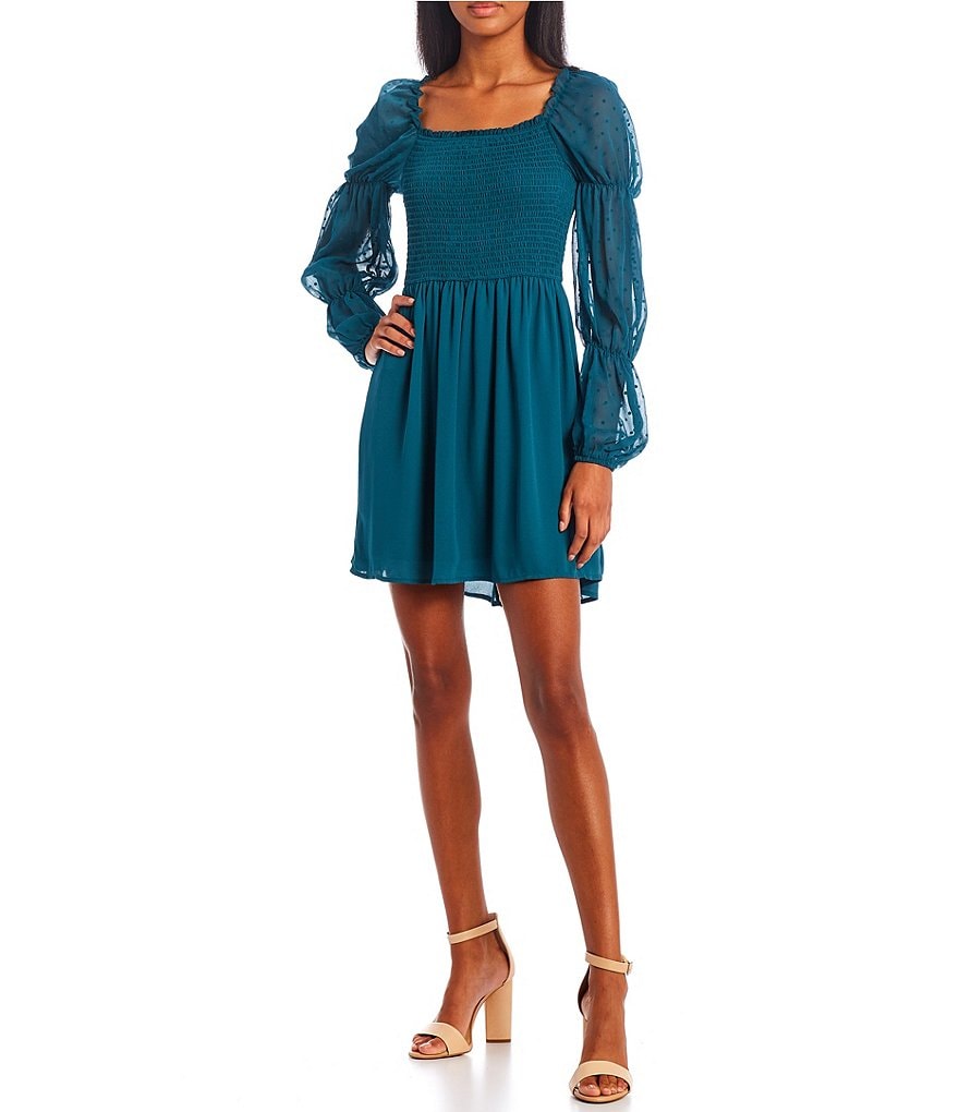 Allison & Kelly Balloon-Sleeve Flocked Dot Smocked Bodice Dress