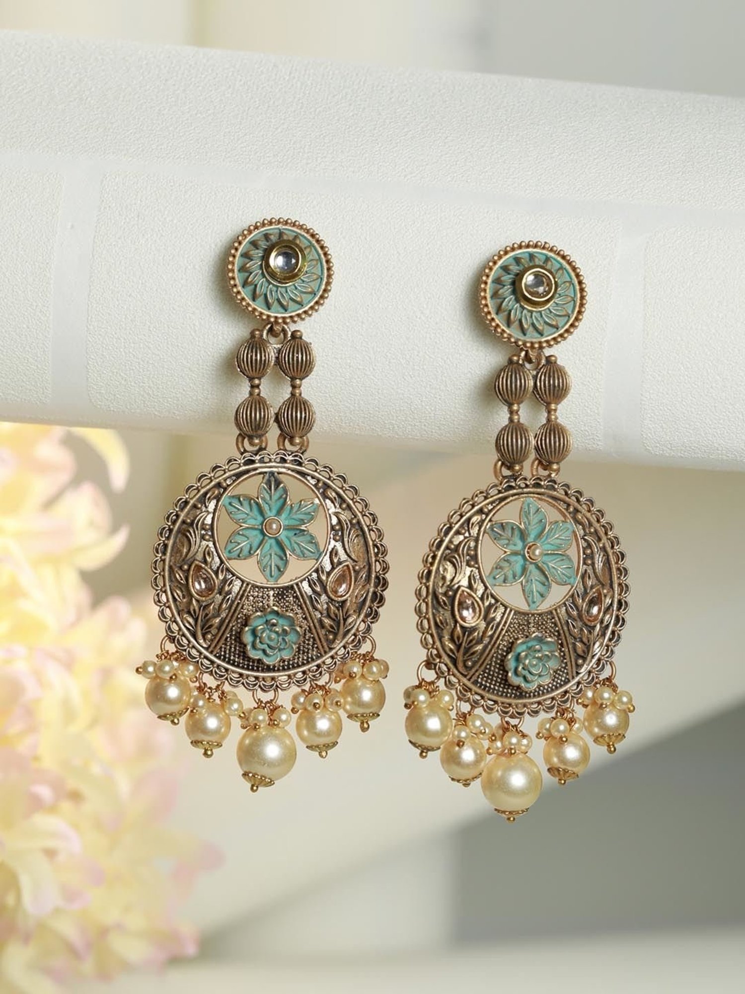 Priyaasi Floral Green & Golden Chand Bali Earrings