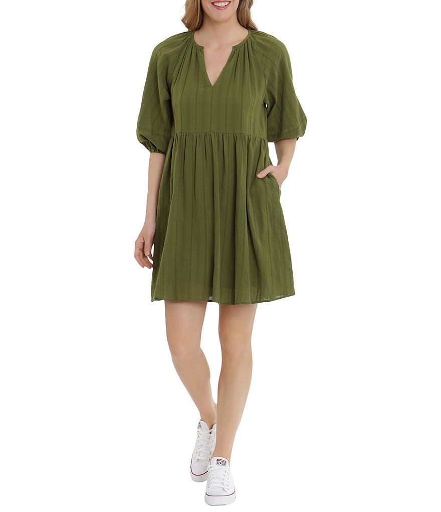 London Times Split V-Neck Babydoll Dress