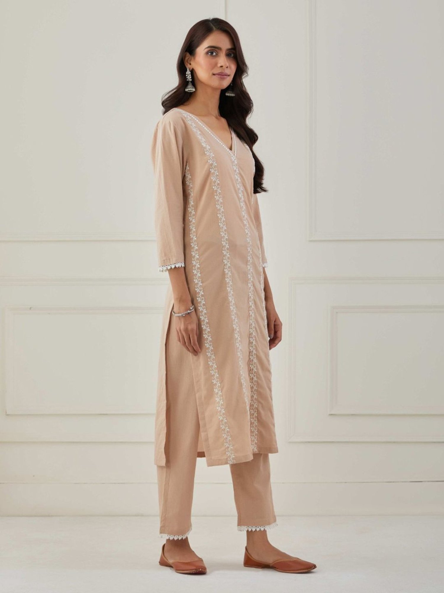 Priya Chaudhary Beige Sudha Embroidered Cotton Kurta
