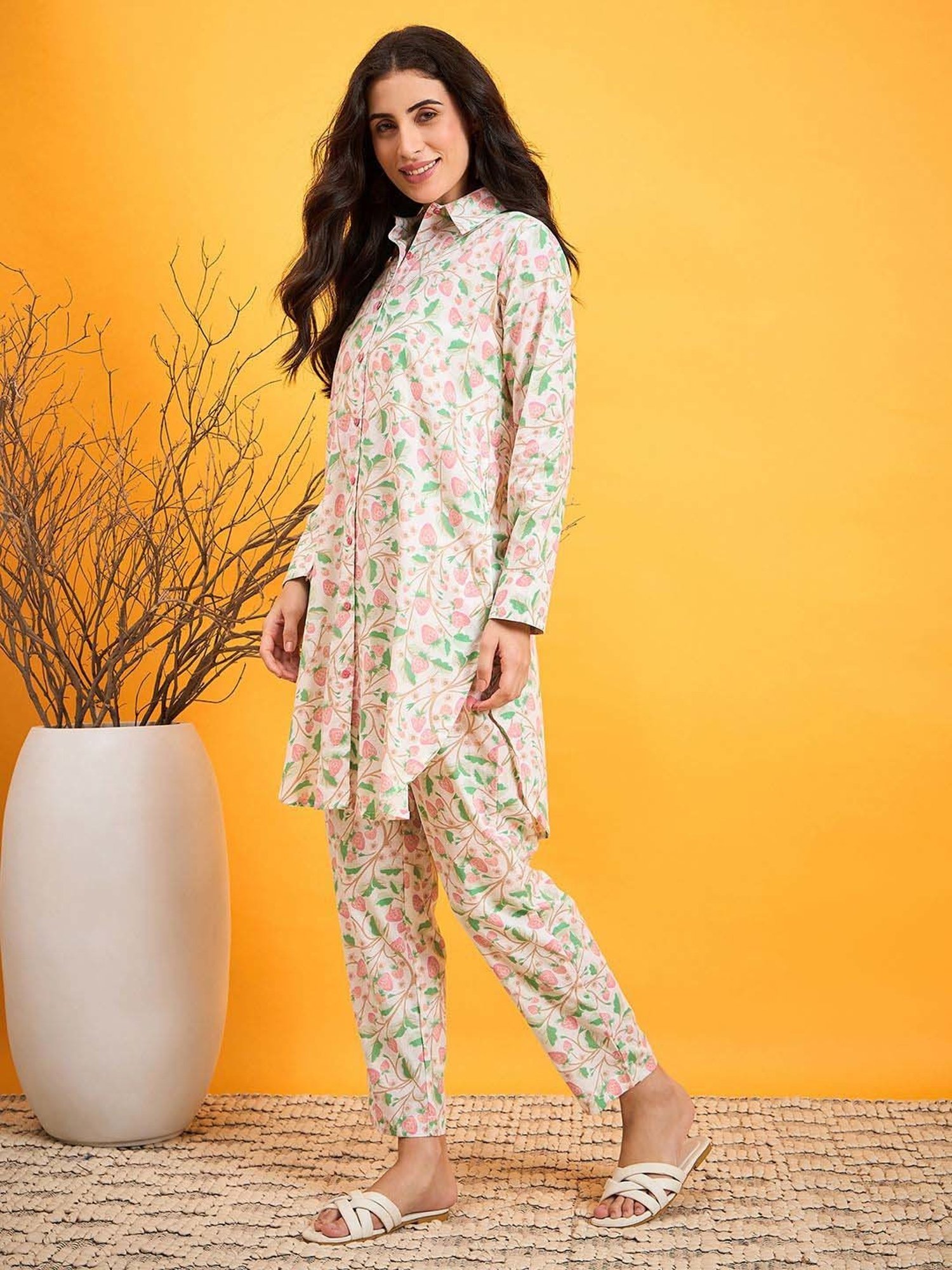 The Kaftan Company Off-White Cotton Printed Tunic Pants Set