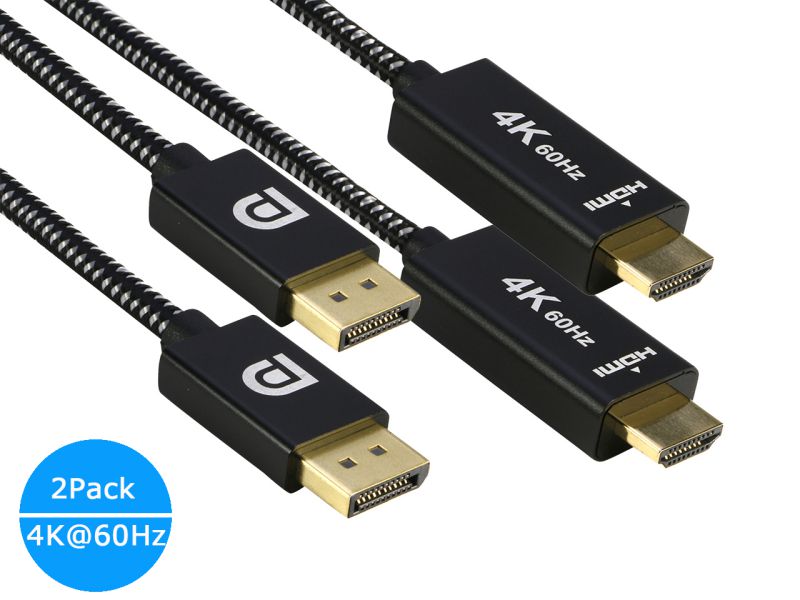 DisplayPort to HDMI Adapter Cable 4K 6.6ft 2Pack, iXever DisplayPort(DP) to HDMI Adaptor Male to Male 4K 60Hz UHD High Speed, Compatible for Lenovo, HP, DELL, GPU, AMD, NVIDIA, More
