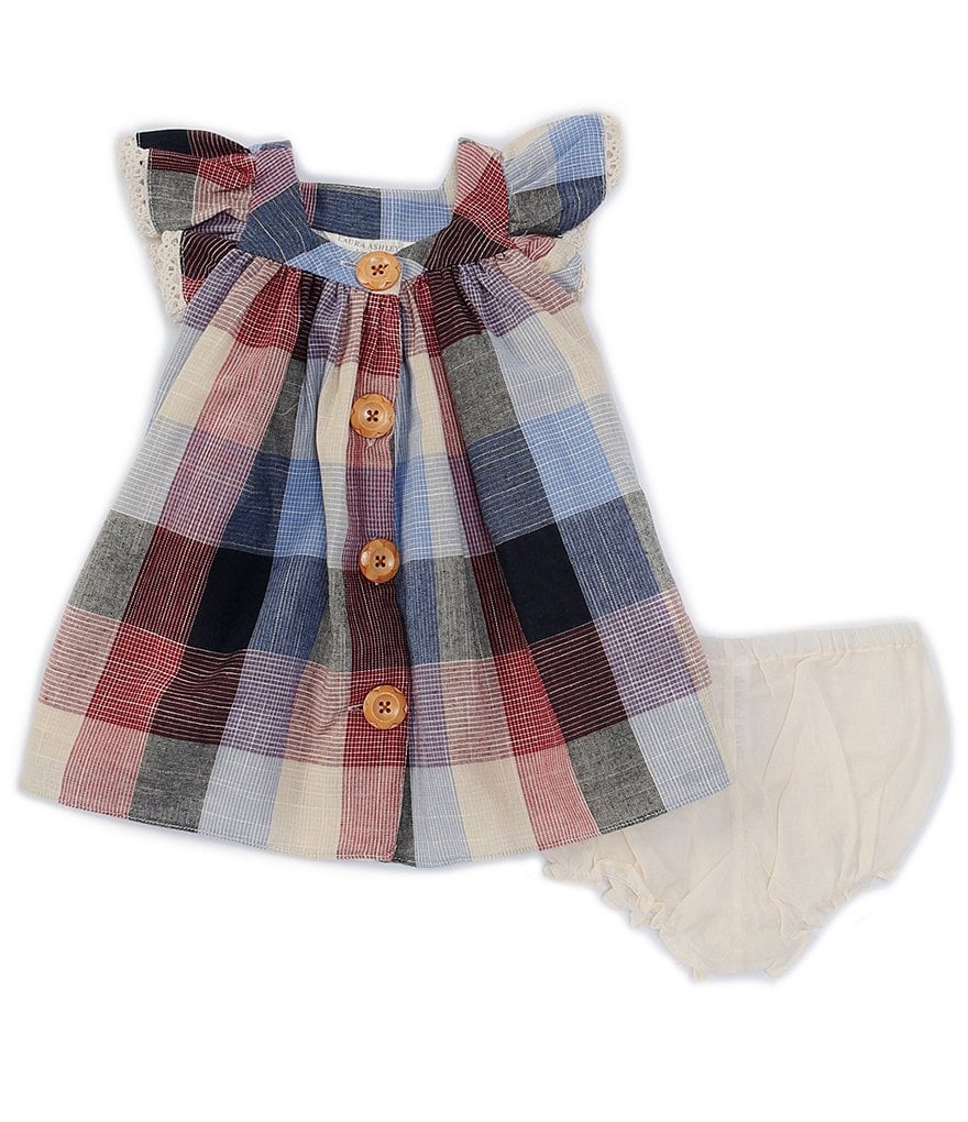 Laura Ashley Baby Girls Newborn-24 Months Flutter-Sleeve Large Check Babydoll Dress