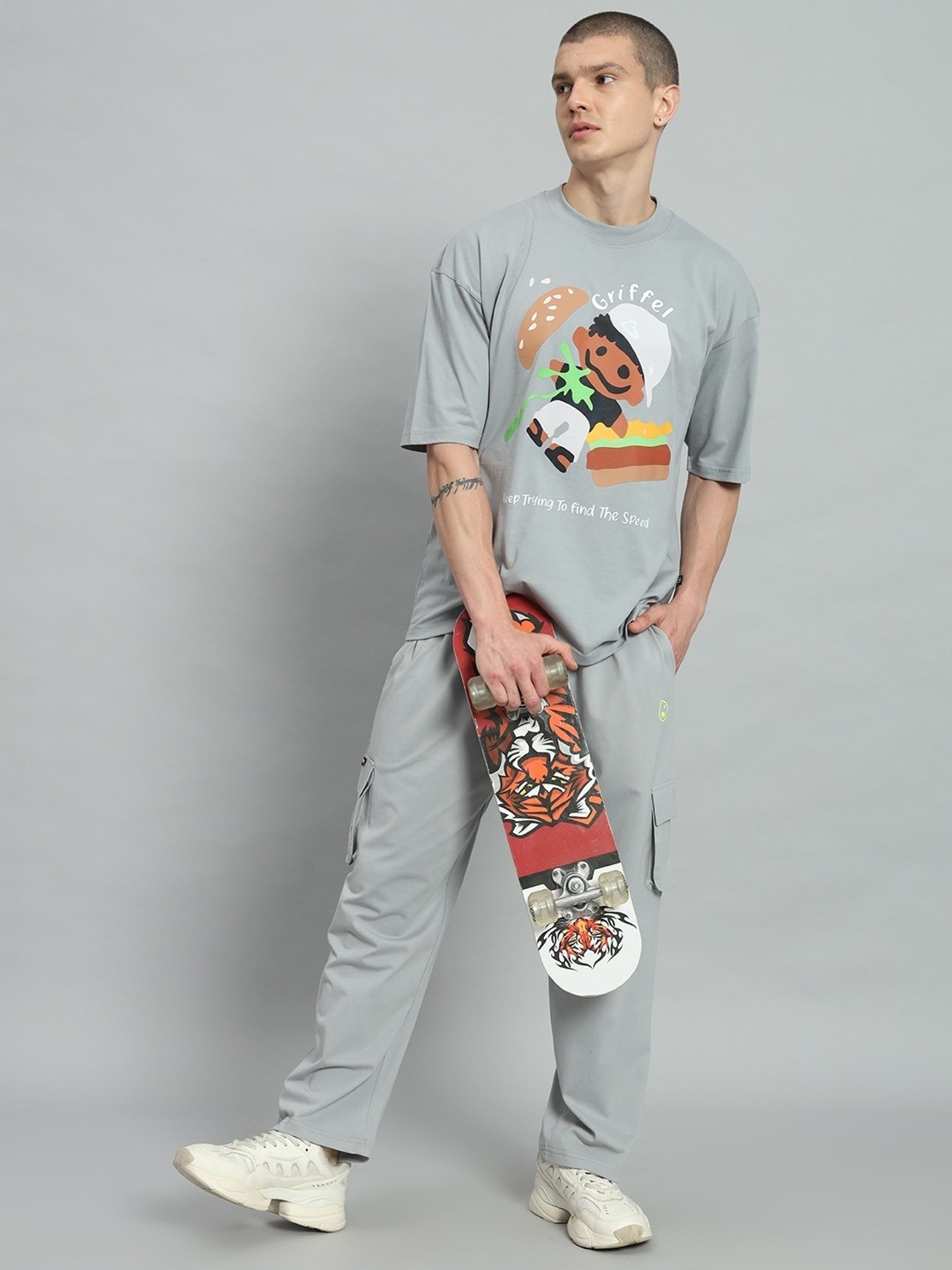 Griffel Grey Cotton Loose Fit Printed Co-Ord Set