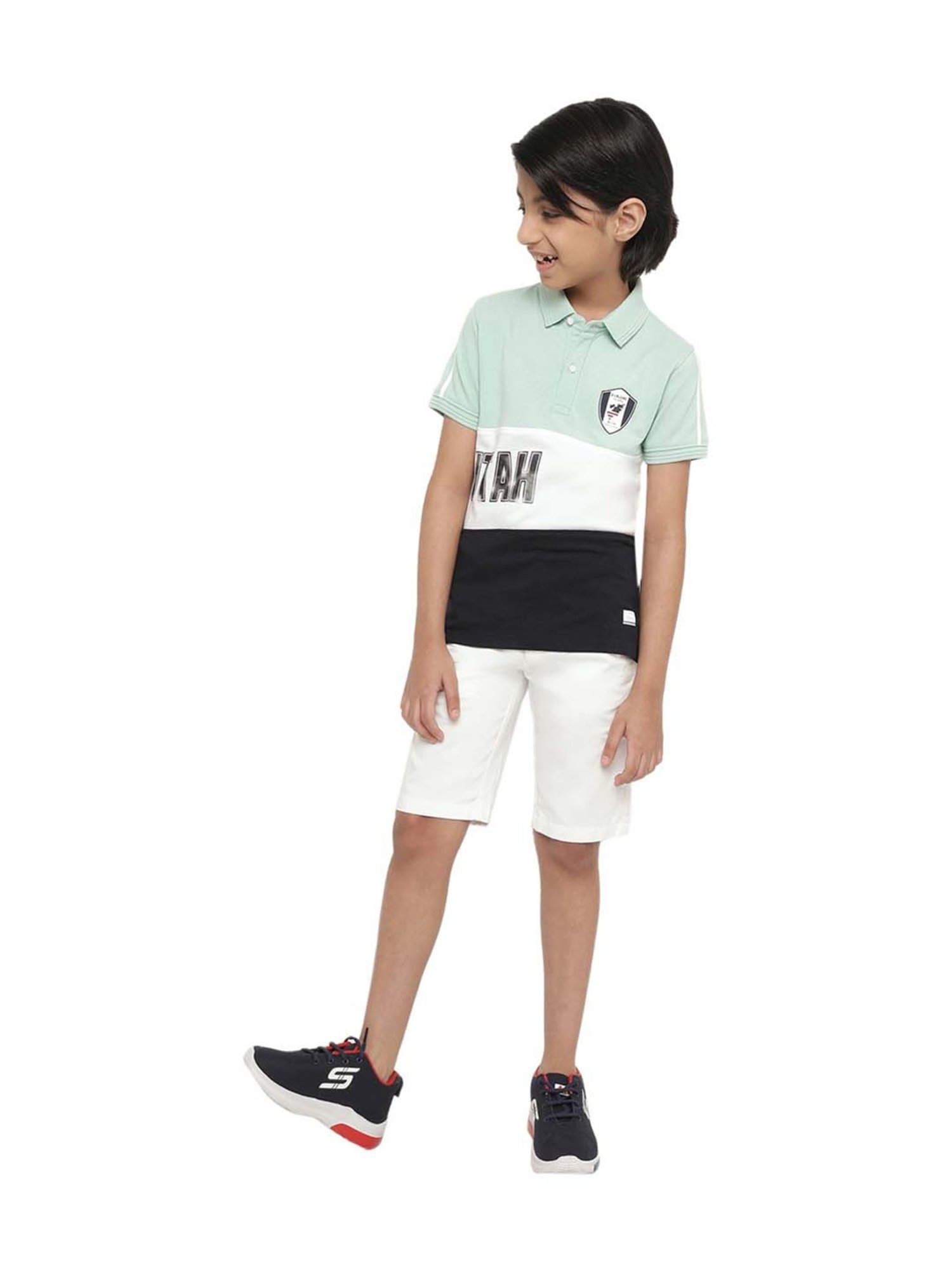 Octave Kids Dusty Mint & White Cotton Color Block Polo T-Shirt