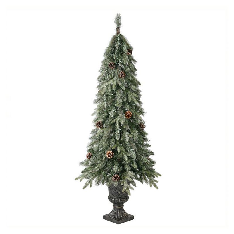Home Heritage Entryway 5 Foot Prelit Pot Pine Christmas Tree With White Lights and Pinecones