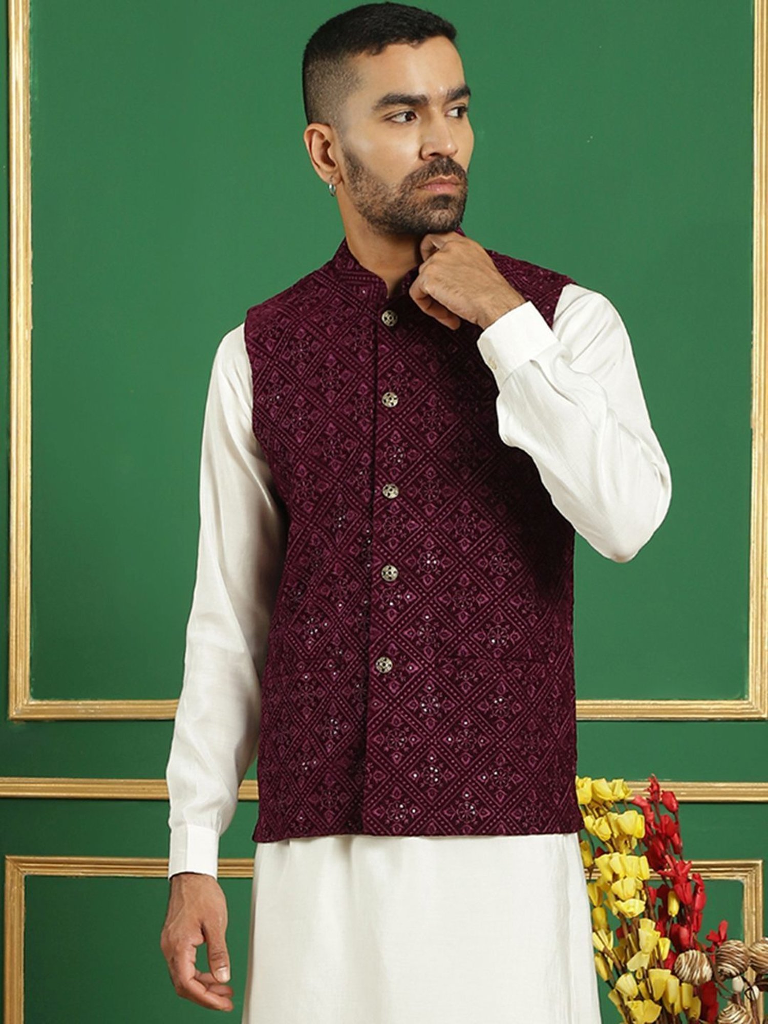 Jompers Purple Regular Fit Embroidered Nehru Jacket