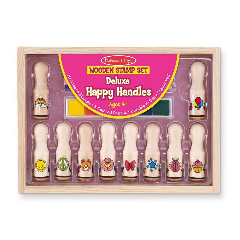 Melissa & Doug Deluxe Happy Handle Stamp Set With 10 Stamps, 5 Colored Pencils, and 6-Color Washable Ink Pad