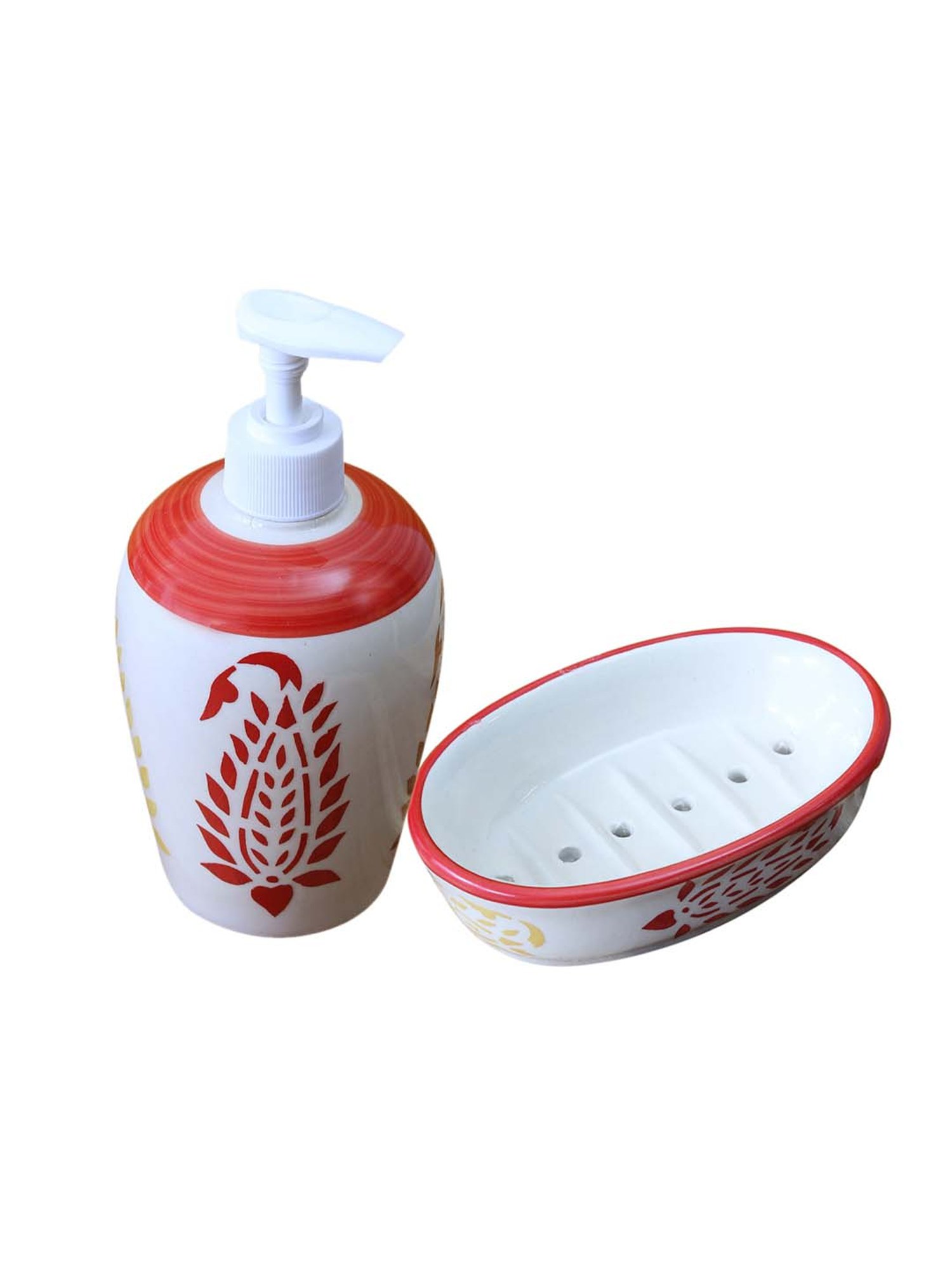 VarEesha White & Red Ceramic Bath Accessories - Set of 2