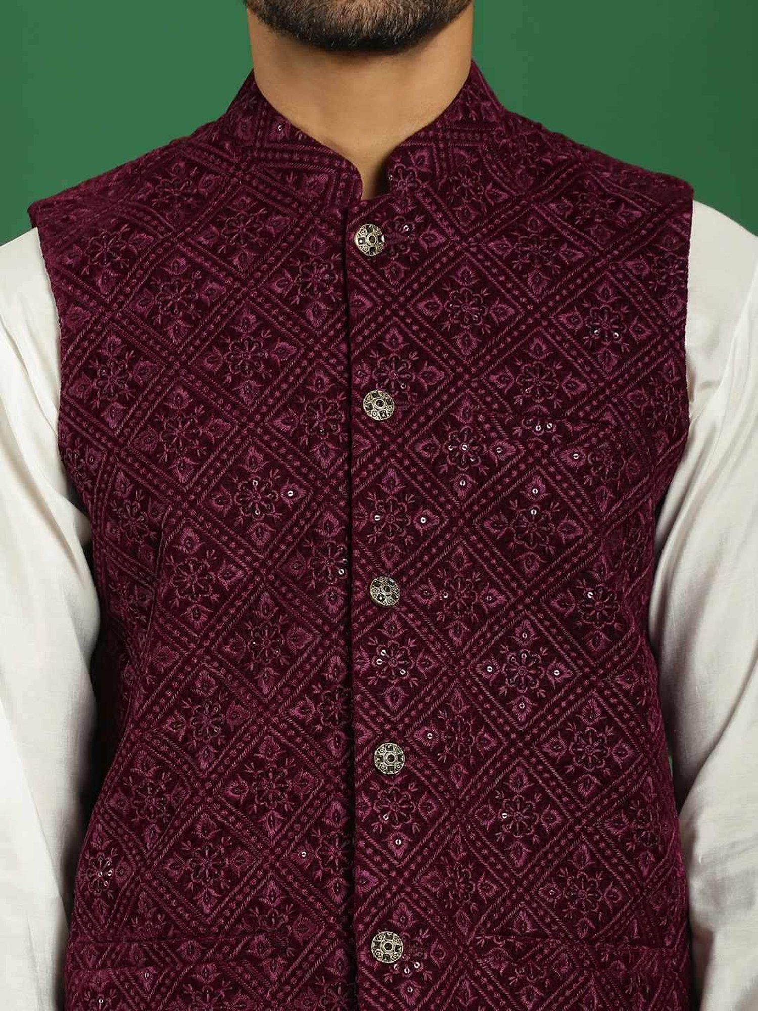 Jompers Purple Regular Fit Embroidered Nehru Jacket