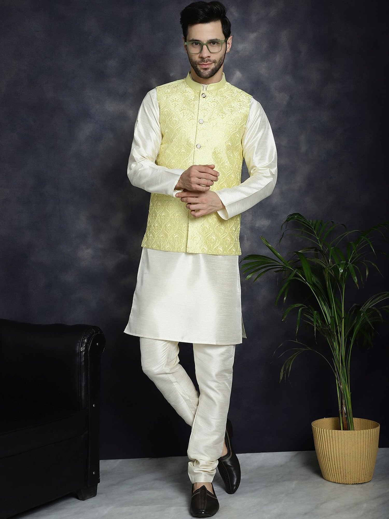 Jompers Yellow Regular Fit Embellished Nehru Jacket