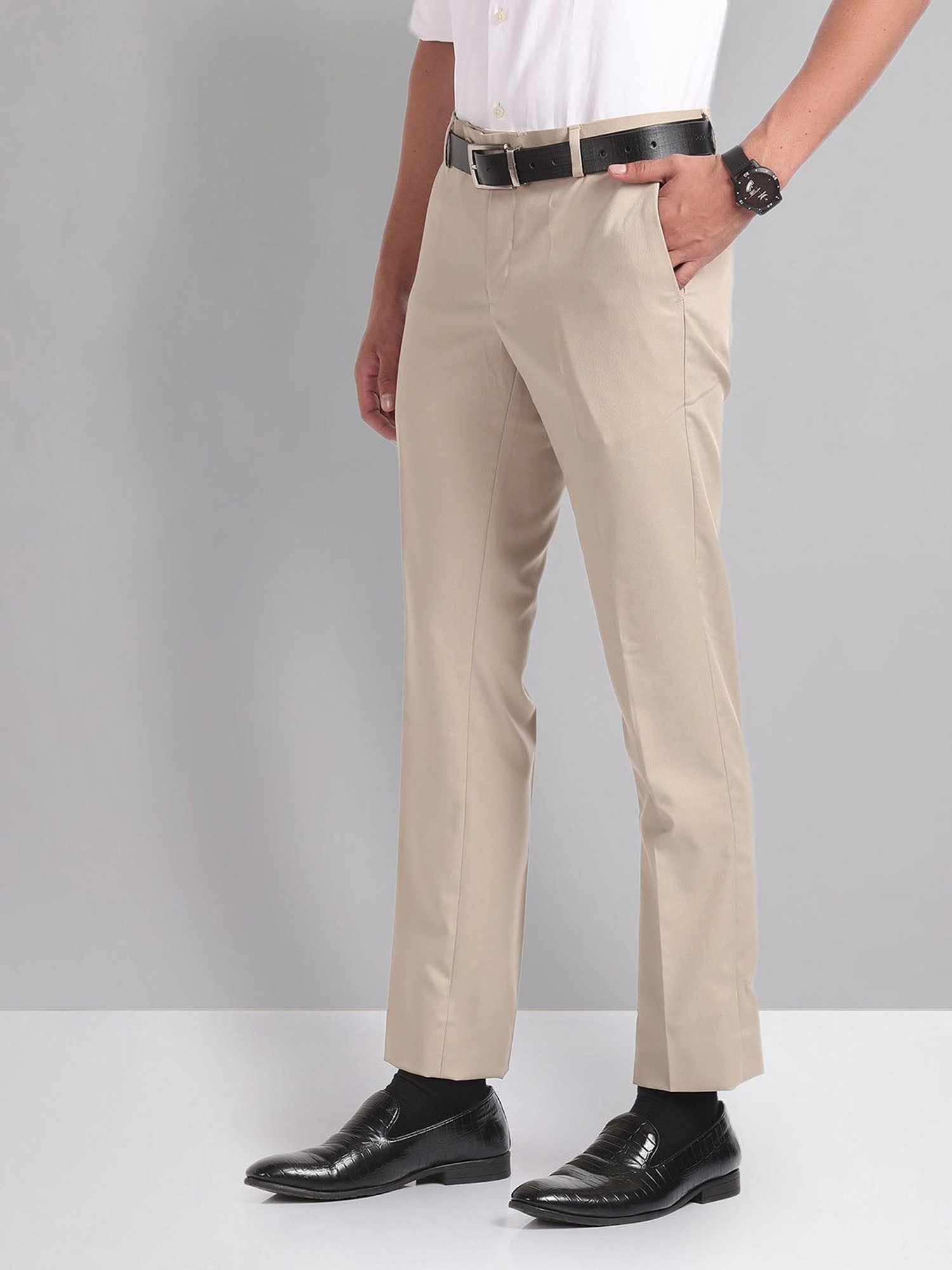 AD by Arvind Light Beige Slim Fit Textured Flat Front Trousers