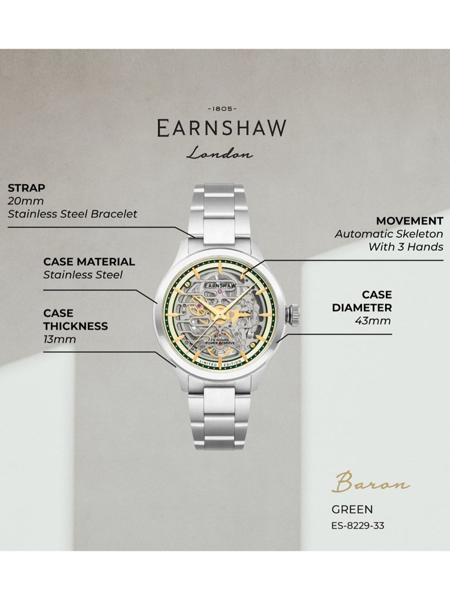 EARNSHAW ES-8229-33 Baron Automatic Watch for Men