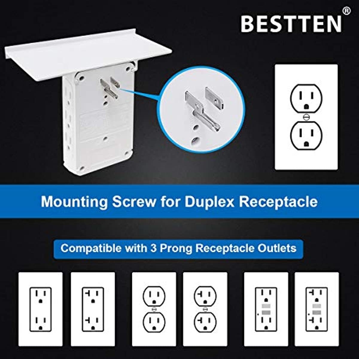 BESTTEN Surge Protector USB Wall Outlet with Shelf, 3 USB Charging Ports (5V/3.4A), 6 Side Outlet, LED Night Light, 1020 Joule Surge Rating and Removable Top Shelf, FCC and SGS Certified