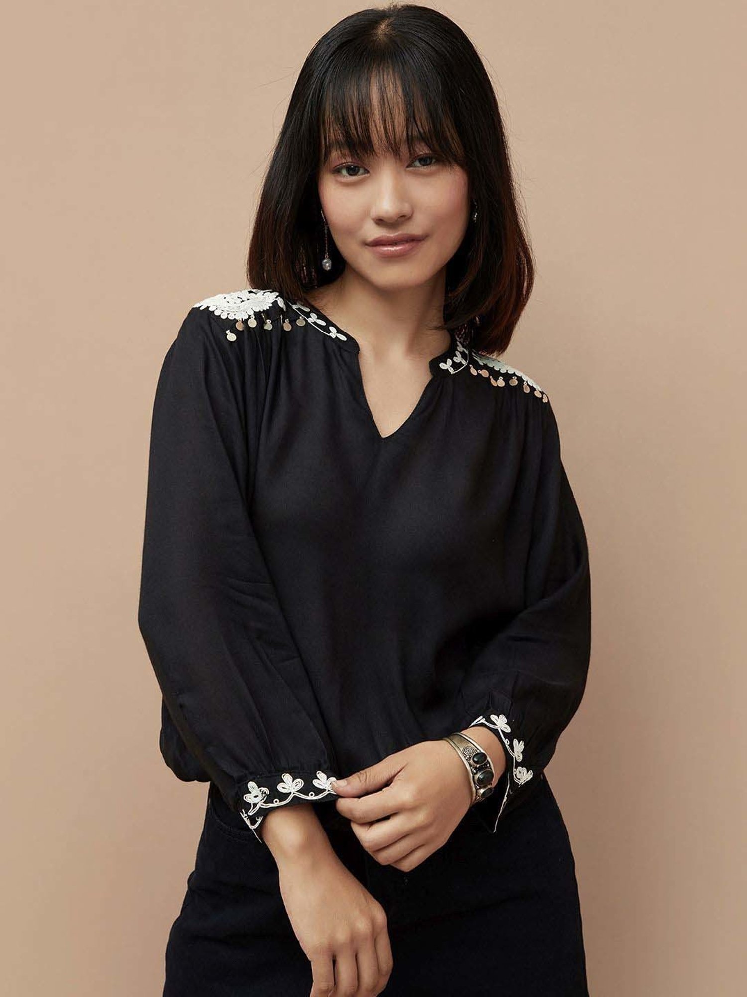 Colour Me by Melange Black Embroidered Top