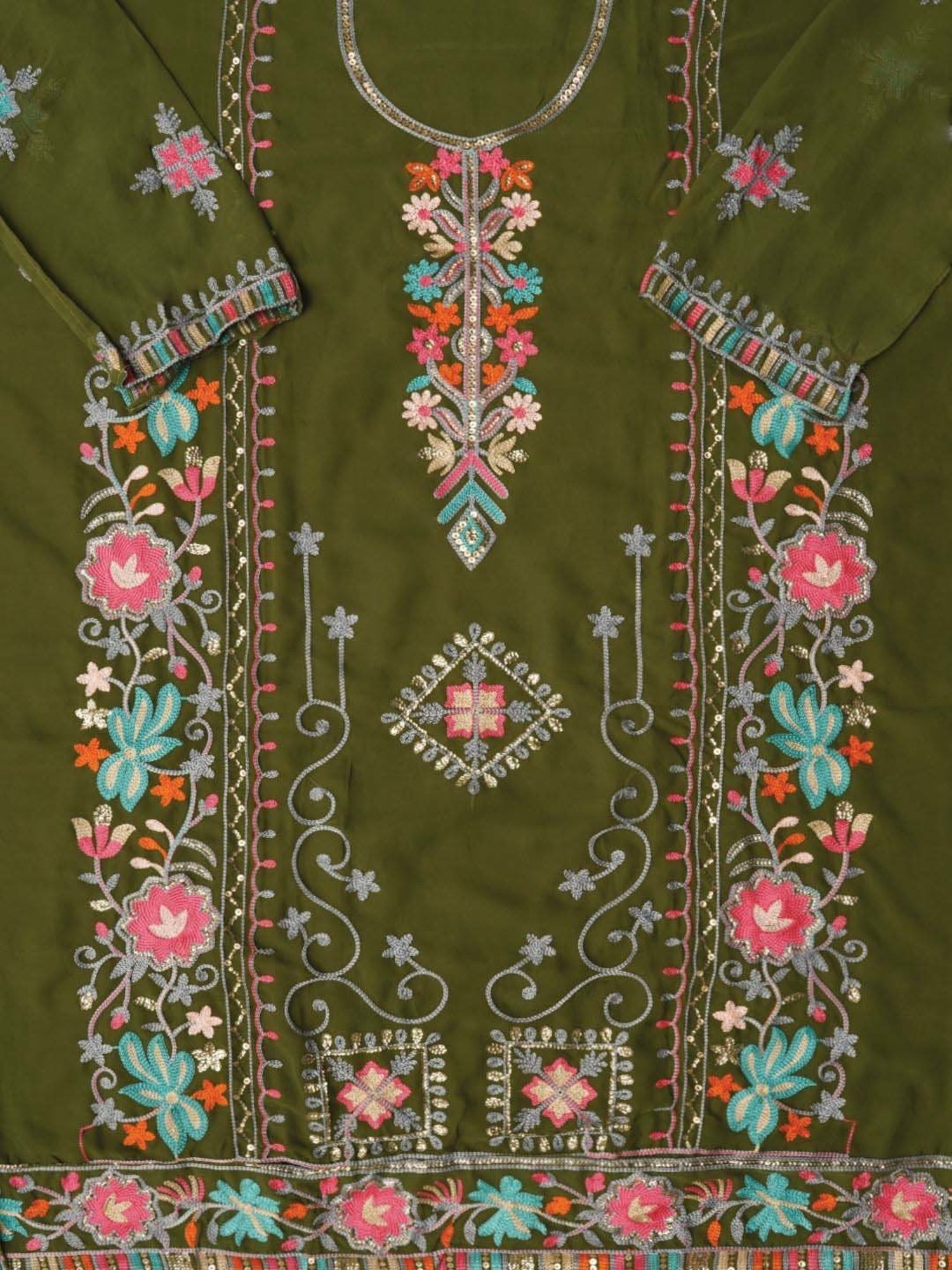 Jaipur Kurti Green Embroidered Unstitched Dress Material