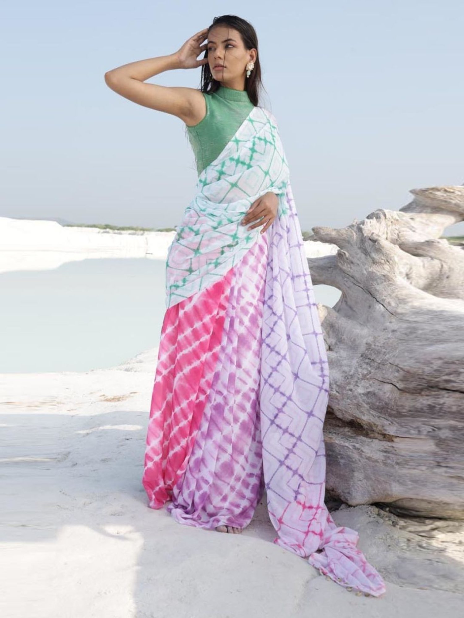 Monk and Mei Celestia Saree & Halter Neck Blouse - Green & Multi Colored