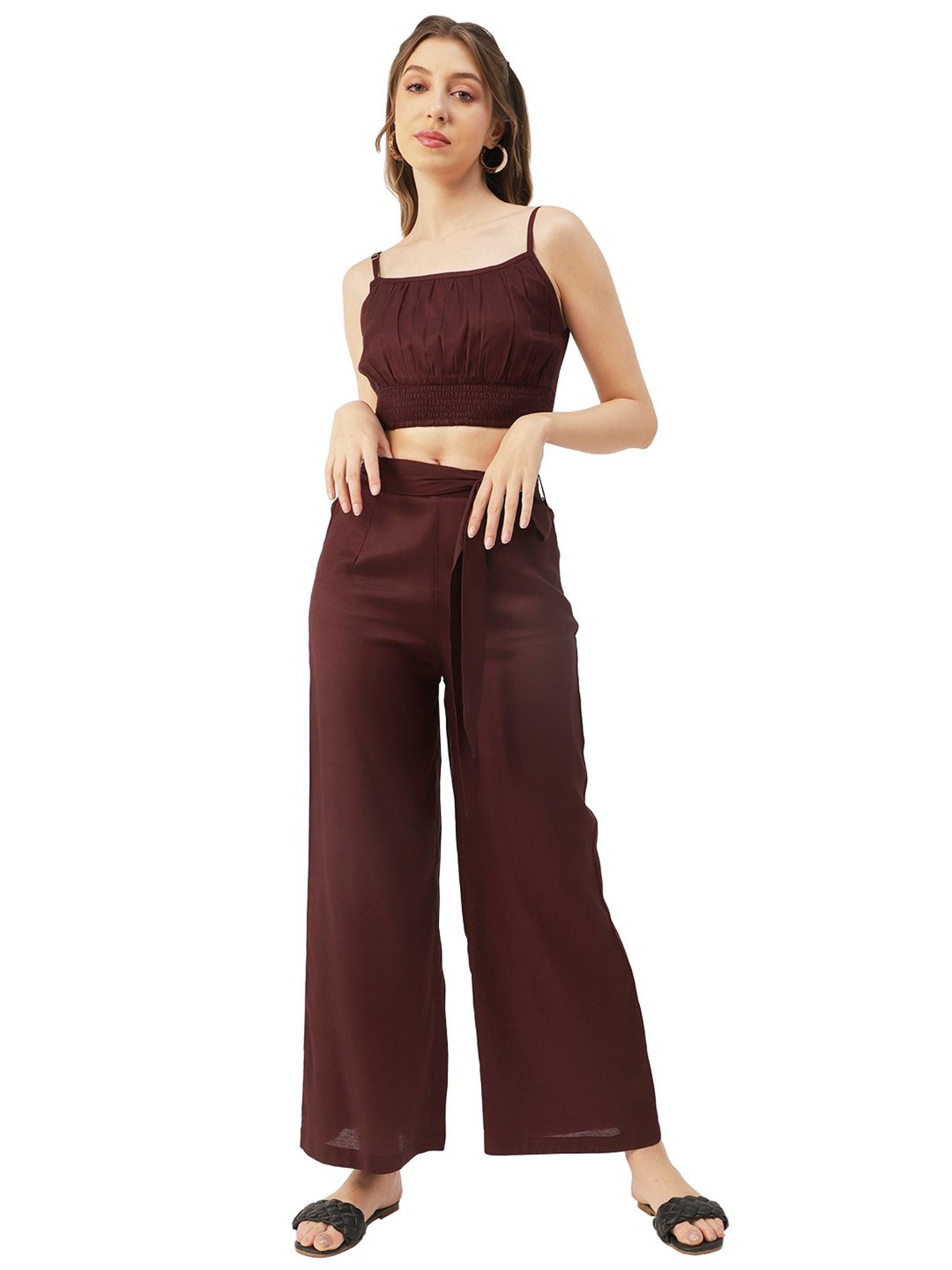 Moomaya Maroon Regular Fit Crop Top With Palazzos