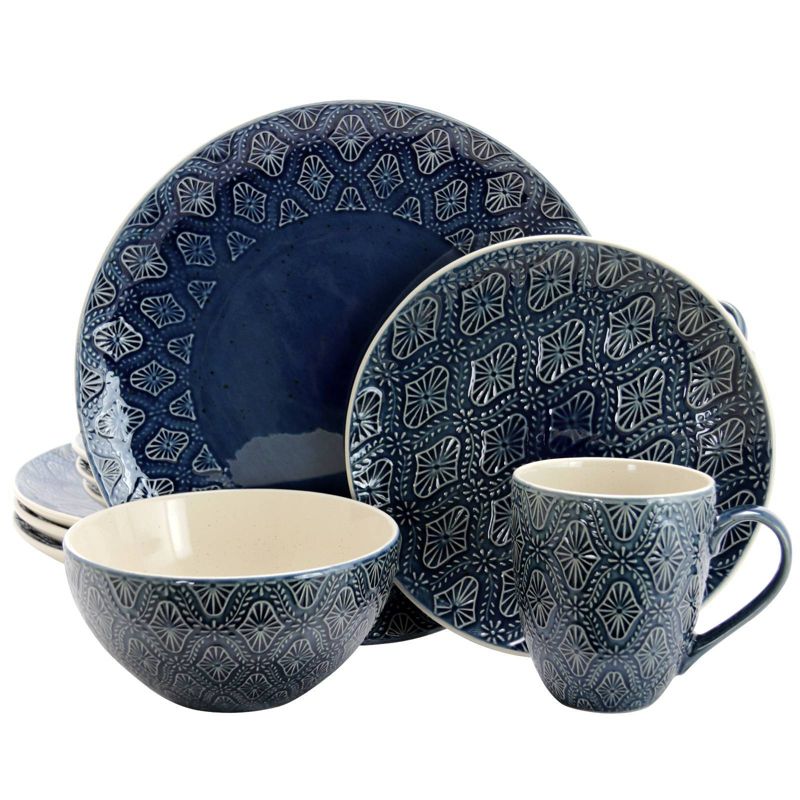 16pc Stoneware Lovely Tapestry Dinnerware Set Blue - Elama