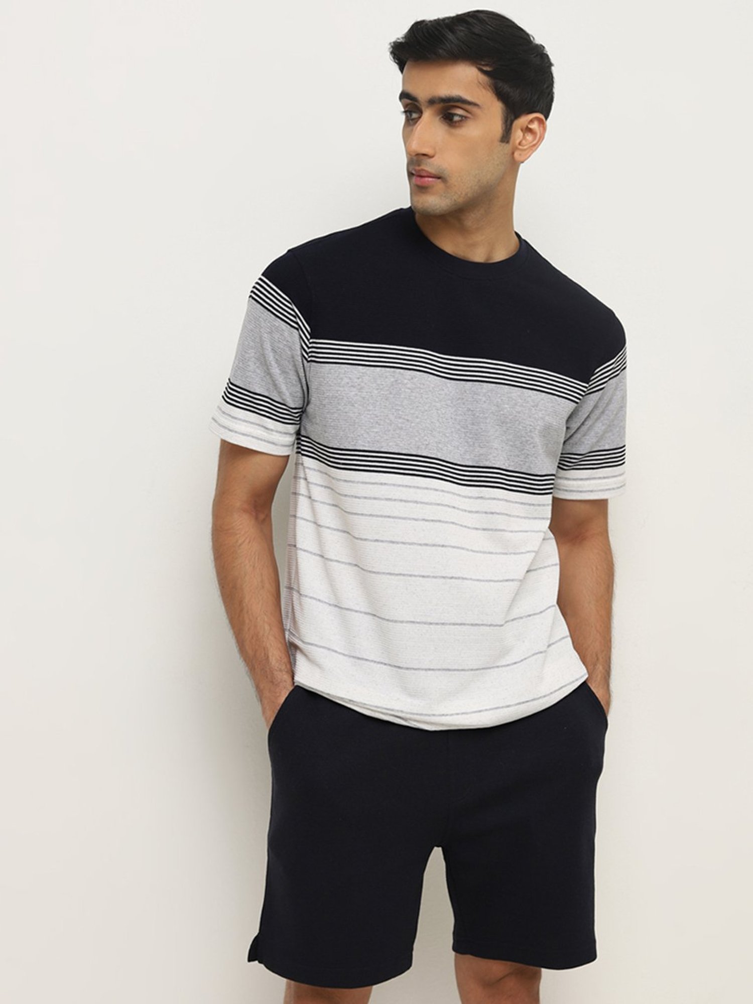 WES Lounge by Westside Grey Melange Striped Relaxed-Fit T-Shirt