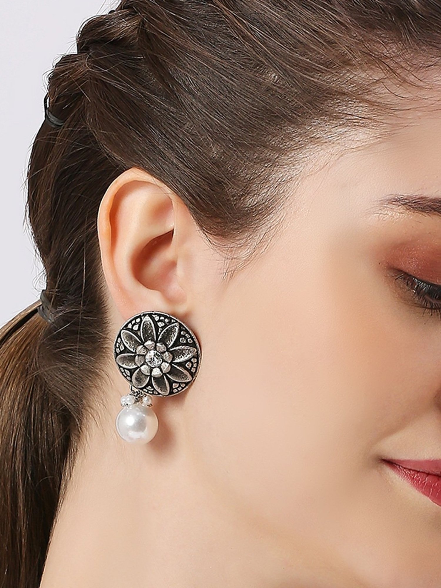 Oomph Jewellery Oxidized Silver Ethnic Silver Look Alike Round Shape with Pearls Drop Earrings
