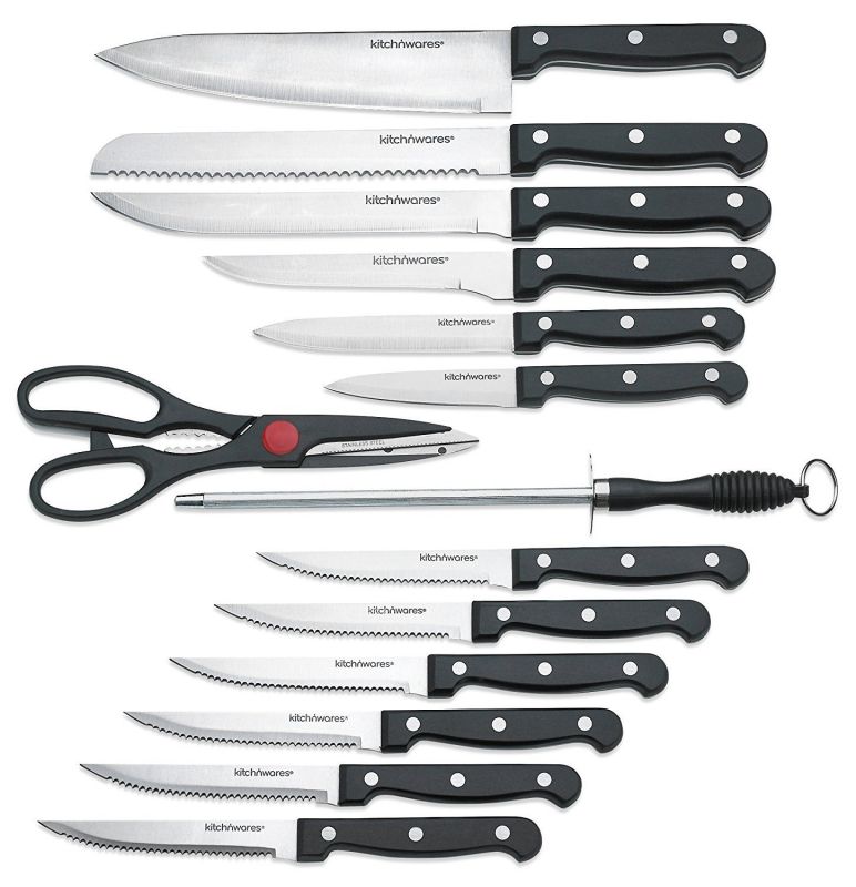 Knife Set With Wooden Block - 15 Piece Set Includes Chef Knife, Bread Knife, Carving Knife, Utility Knife, Paring Knife, Steak Knife, Boning Knife, Scissors And Knife Sharpener. - By Kitch N&rsquo; Wares