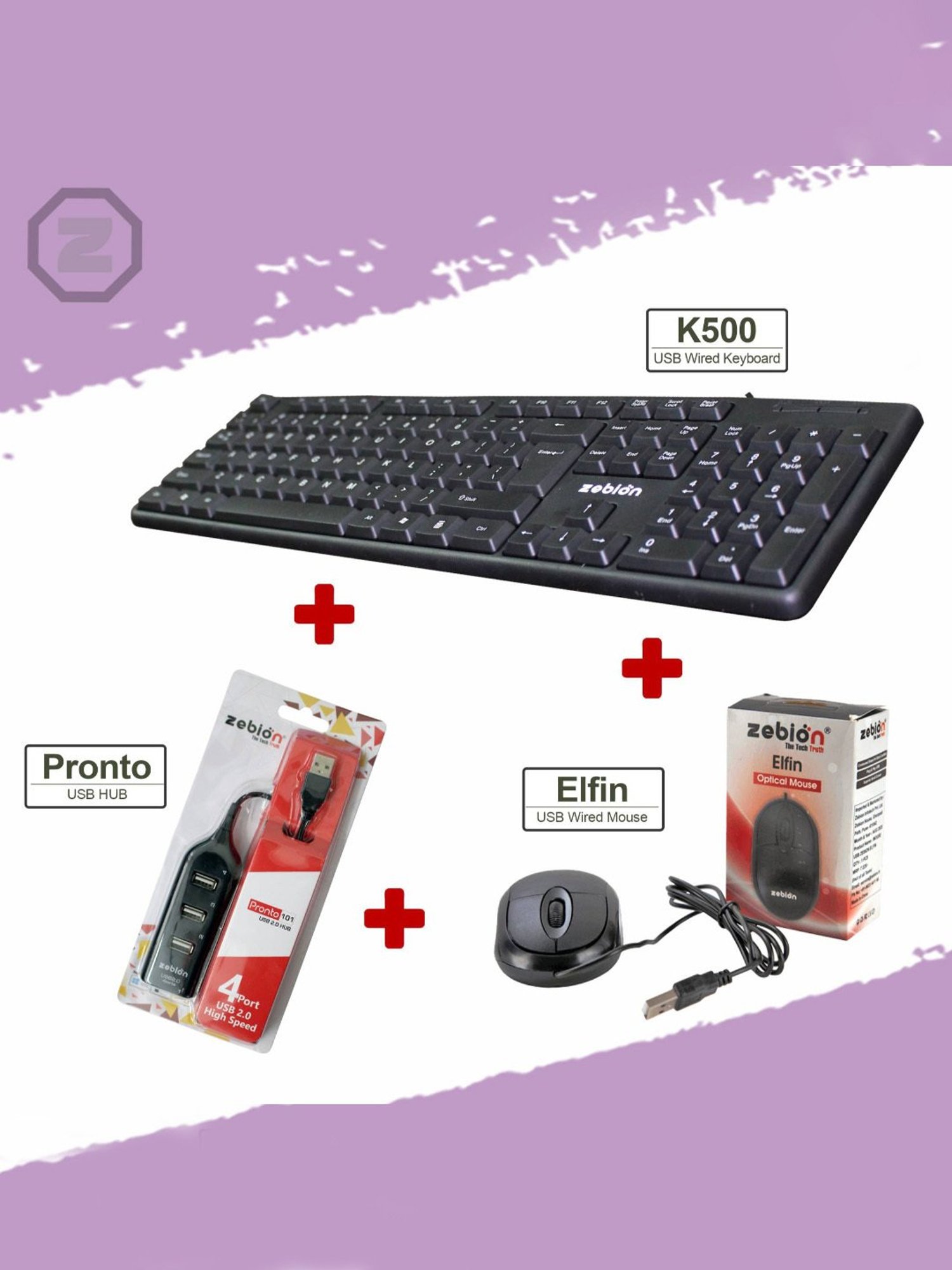 Zebion K500 Keyboard and Elfin Mouse Combo Set with Pronto 101 USB HUB (Black)