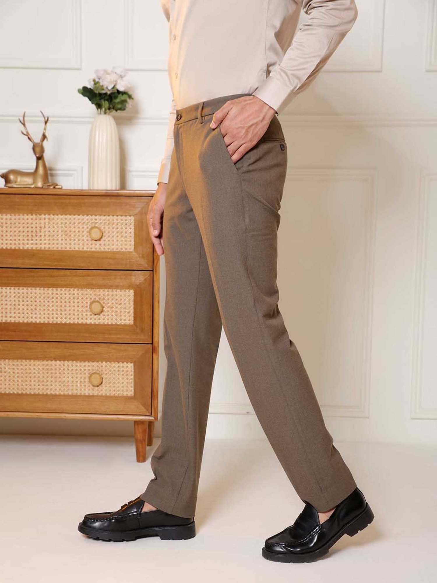 SUBTRACT Brown Slim Fit Flat Front Trousers