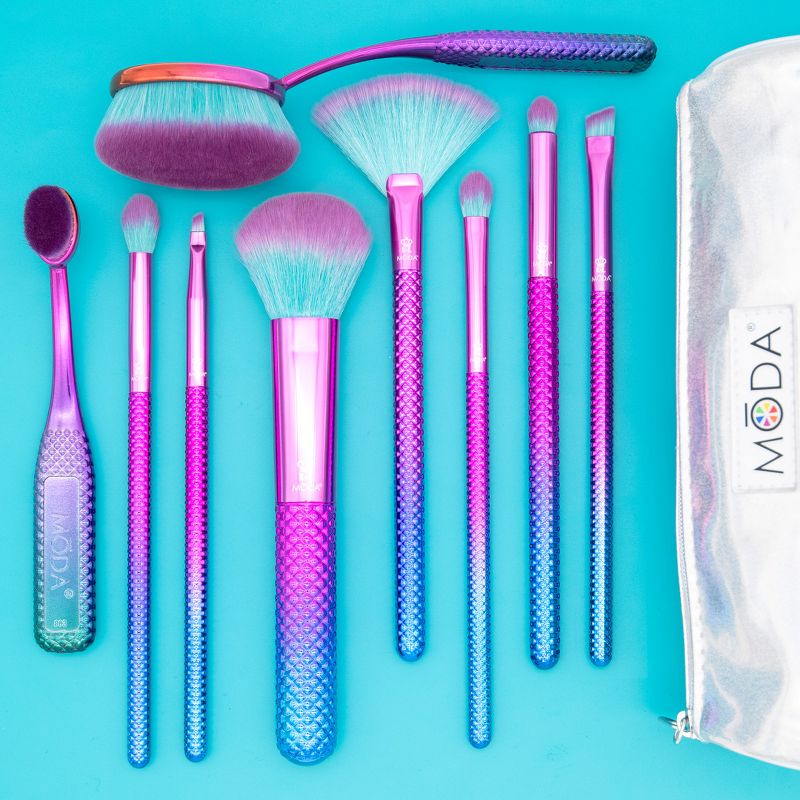 MODA Brush Prismatic 10pc Deluxe Gift Makeup Brush Set with Holographic Zip Case, Includes - Foundation, Fan, Eye Shader, and Angle Eyeliner Brushes