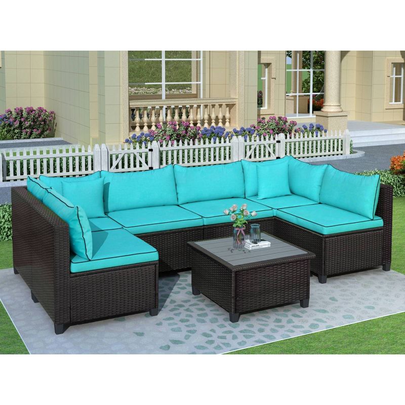 7pc Patio Rattan Wicker U-Shaped Sectional with Cushions & Pillows - Black - Art Leon