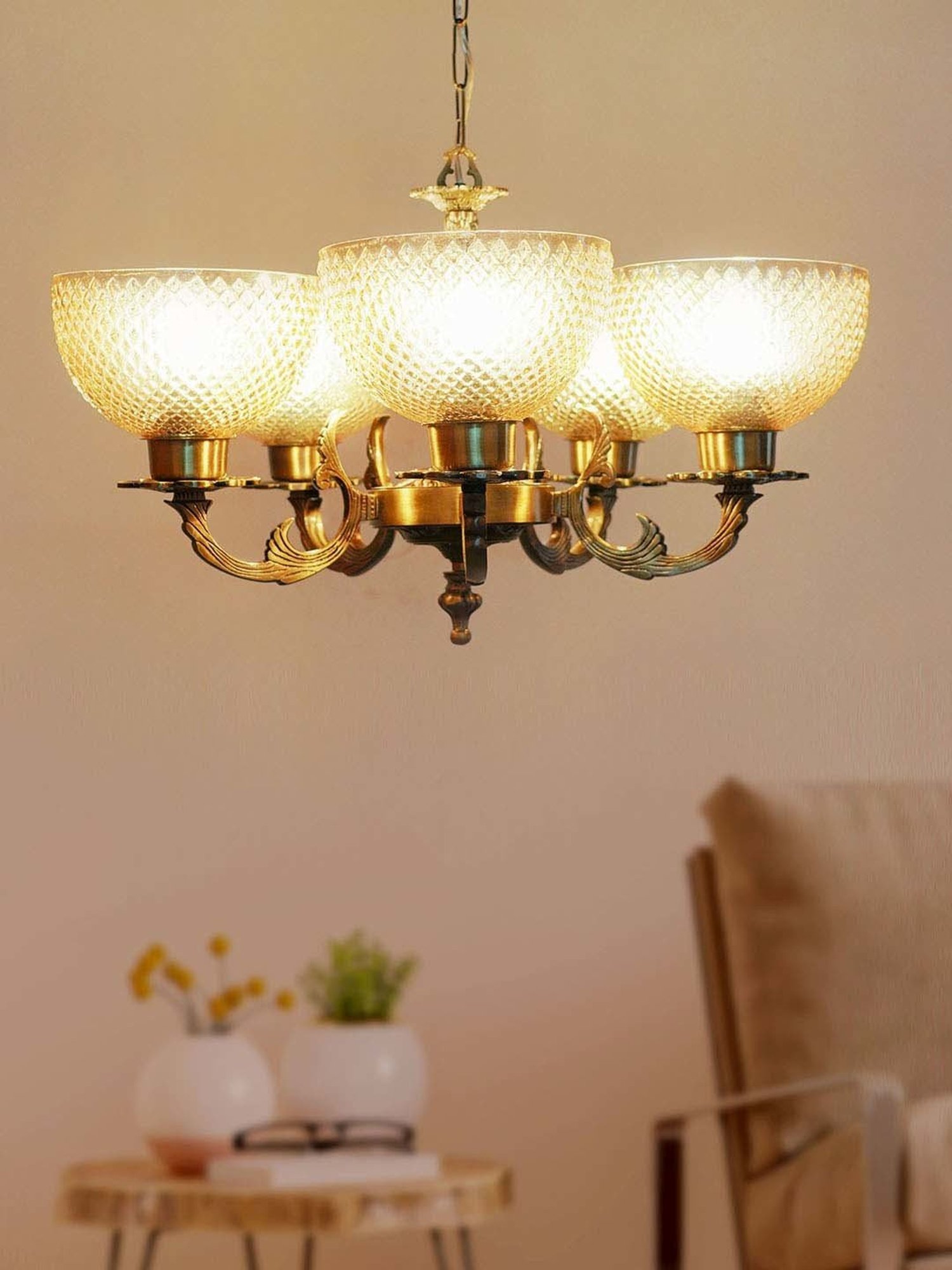 FOS LIGHTING Classic Meena Golden Aluminium 5-In-1 Glass Chandelier