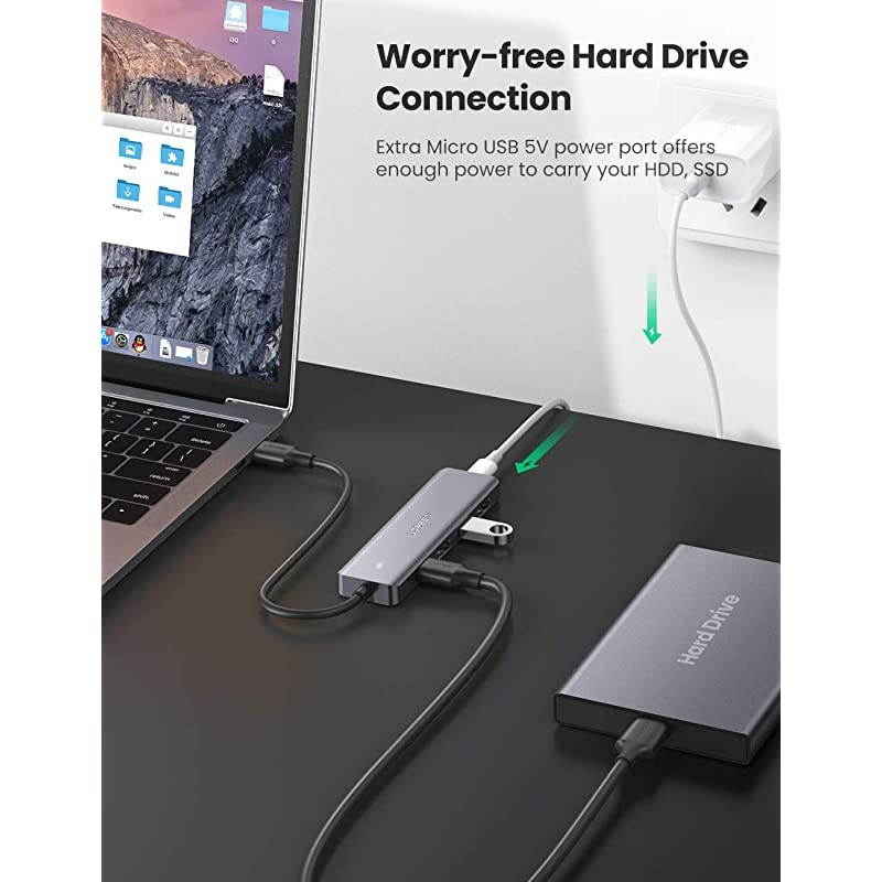 USB 3.0 Hub 4 Port USB Extender with 5V Micro USB Power Compatible for MacBook Mac Pro Mini iMac Surface Pro XPS IdeaPad MateBook X Pro Notebook PC USB Flash Drives Mobile HDD