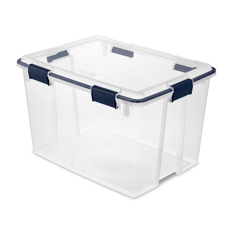 Sterilite 80 Quart Home Organization Kitchen Clear Plastic Gasket Box Storage Container Tote Bin with  Latched Lid, Clear/Blue Cove (4 Pack)