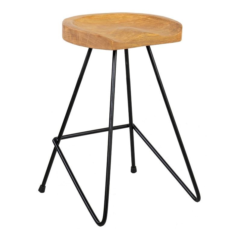Wooden Barstool with Padded Seat and Open Backrest Blue/Brown - Benzara