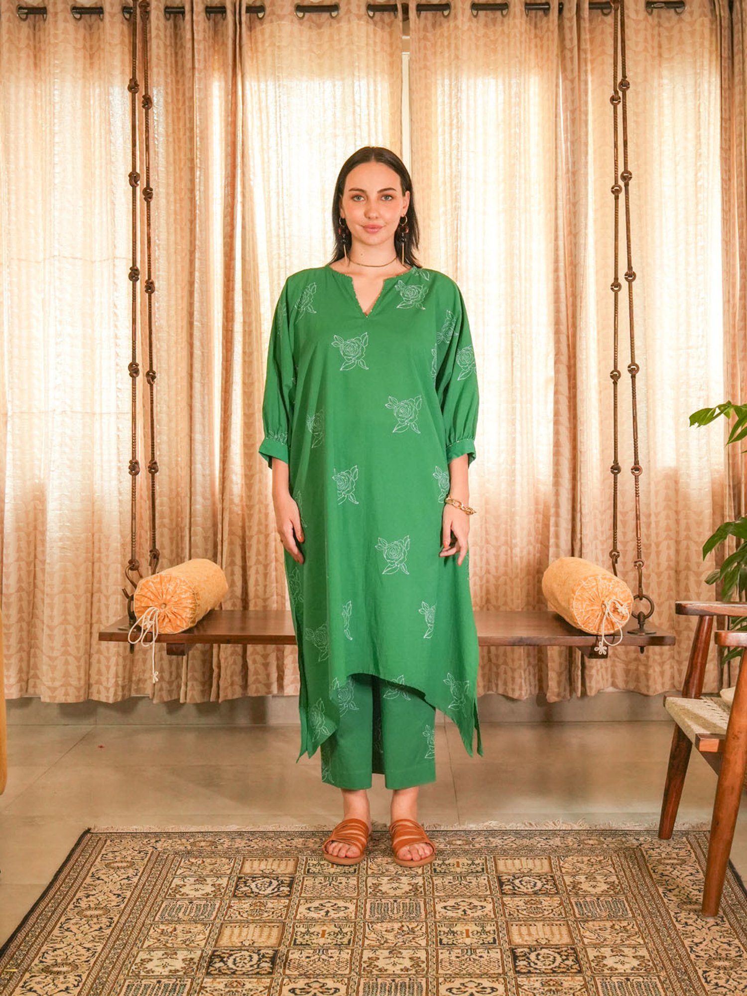 Akiso Emerald Green Hand Block Printed Assymetrical Kaftan