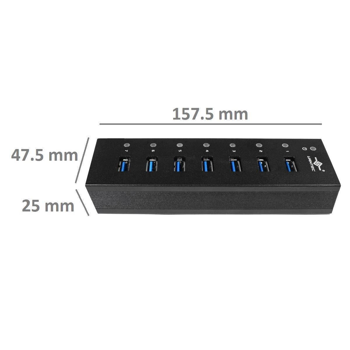 Vantec 7-Port USB 3.0 Hub, Aluminum, Full Powered, Mountable, with All Ports Data & Charging Up to 1.5A, BC 1.2, Premium 12V/3A, 36W Power Adapter (UGT-AH710U3-BK)