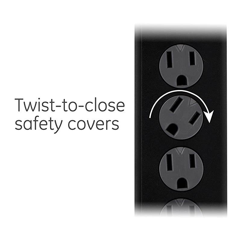 UL Listed, Black, 6 Outlet Sur Protector, 8 Ft Extension Cord, Power Strip, 1300 Joules, Twist-To-Close Safety Covers, 33662, 8 ft, 8 Ft