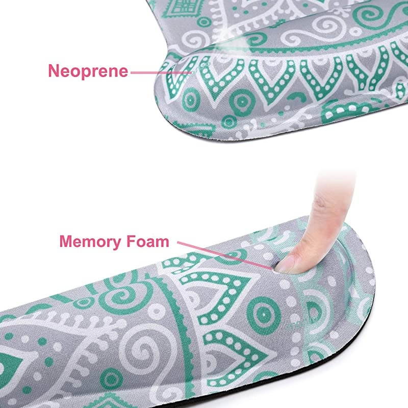 Wrist Rest Support for Mouse Pad Keyboard Set Ergonomic Mousepad NonSlip Rubber Base HomeOffice Pain Relief Easy Typing Cushion with Neoprene Cloth Raised Memory Foam Mint Mandala