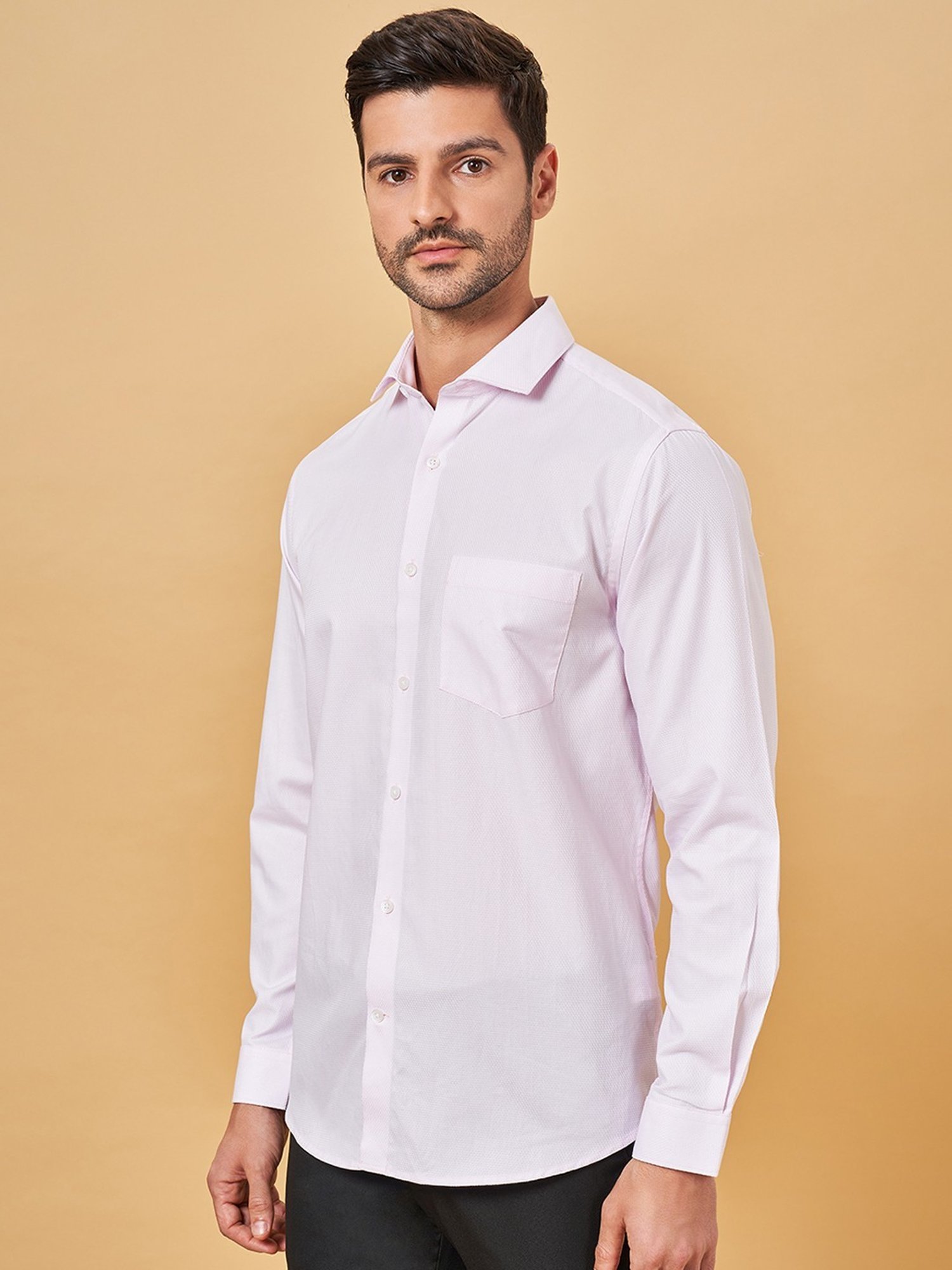 Peregrine by Pantaloons Light Pink Cotton Regular Fit Texture Shirt