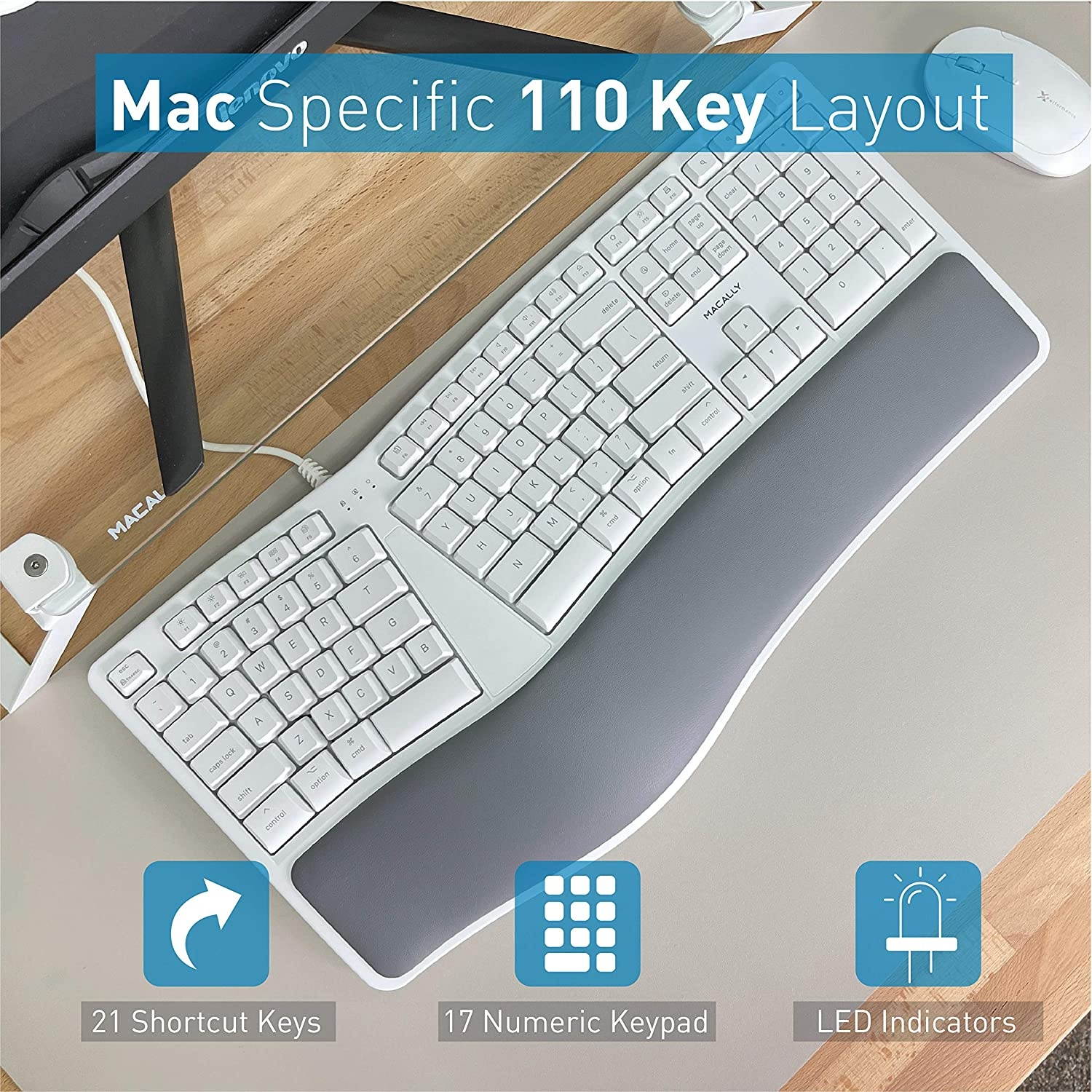 Macally Mac Wired Keyboard with Wrist Rest - Natural and Comfortable Typing - Split Ergonomic Keyboard for Mac with 110 Keys, 21 OSX Shortcuts, and 5ft USB-A Cable - Mac USB Keyboard Ergonomic Design