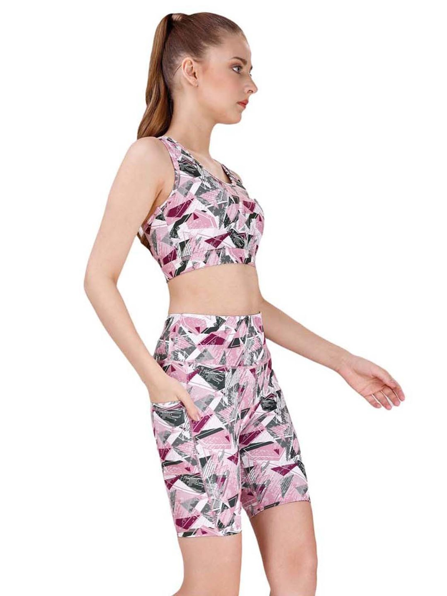 Soie Pink & Grey Printed Sports Bra Shorts Set