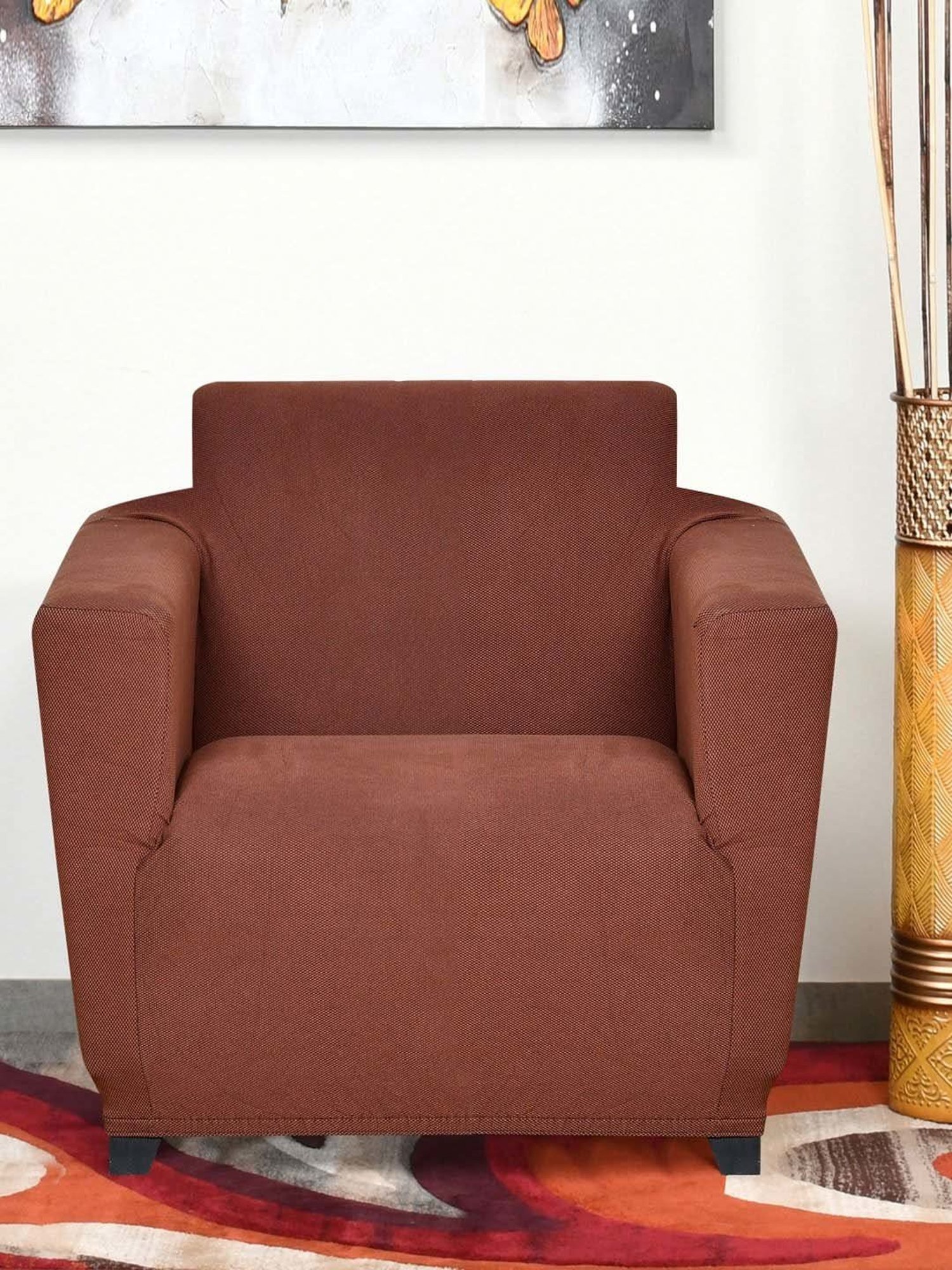 @home BROWN SOLID Cotton Fitted 1 Seater Sofa Cover